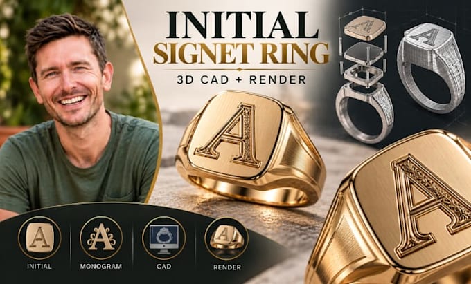 personalized initial signet ring cad modeling, photorealistic rendering