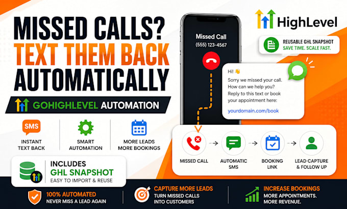 setup gohighlevel missed call text back automation, sms automation, ghl snapshot