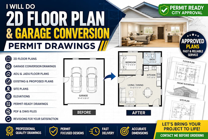 do 2d floor plan and garage conversion permit drawings