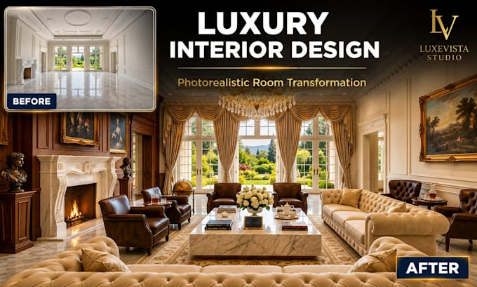do realistic ai interior design and luxury room transformation, virtual staging