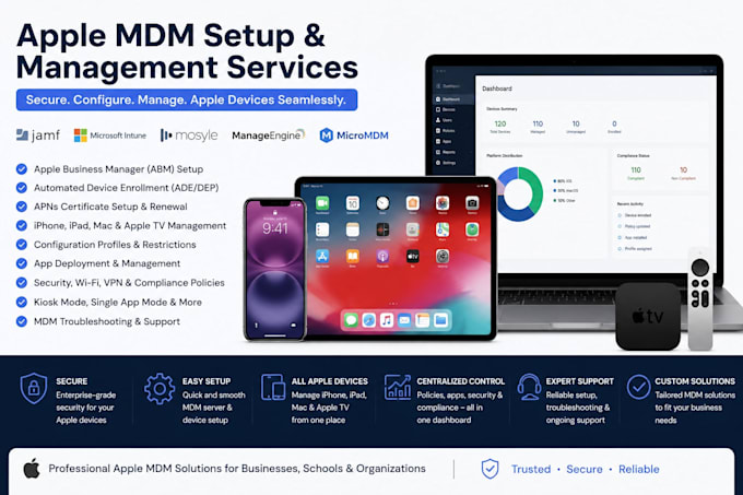 set up apple mdm, abm, jamf, manageengine, intune and mosyle