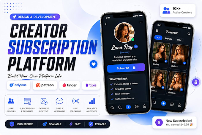 develop live streaming website, tinder, patreon, onlyfans clone, dating web app