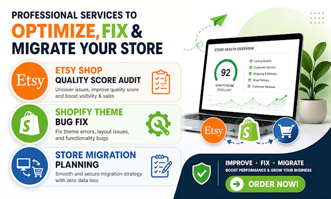 do esty shop quality score audit shopify theme bug fix store migration planning