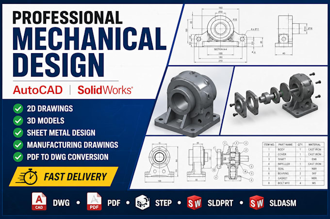 create autocad 2d drawings and solidworks 3d models