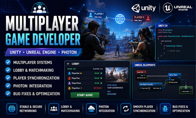 develop multiplayer games in unity and unreal engine with photon and networking