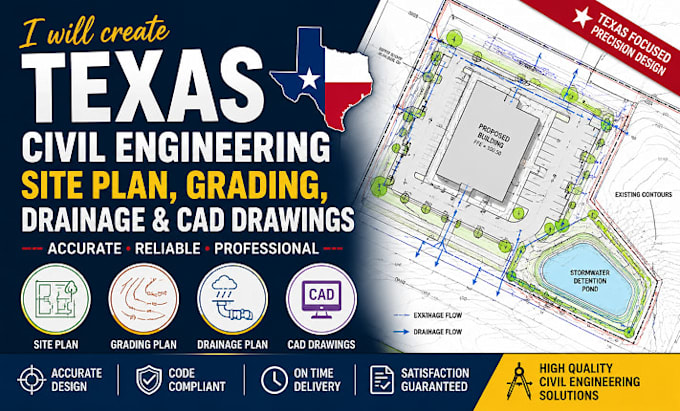 create texas civil engineering site plan, grading, drainage and cad drawings
