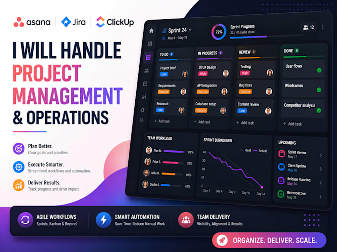 handle project management and operations using asana jira clickup agile tools