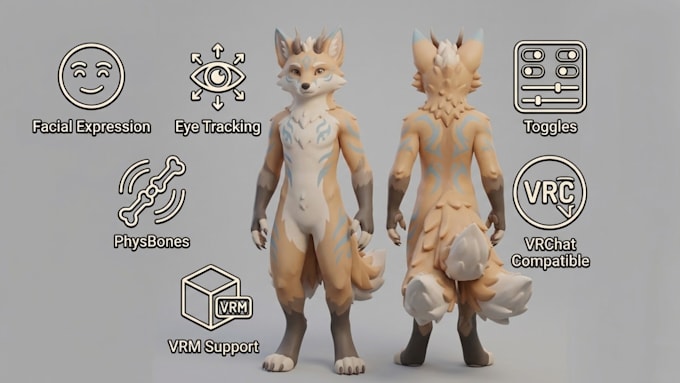 do custom furry vrchat avatar fursona vr character vtuber avatar with expression
