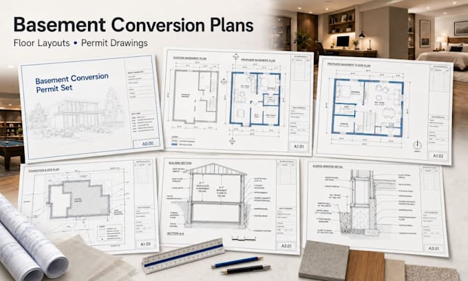draft basement conversion plans, floor layouts and permit drawings