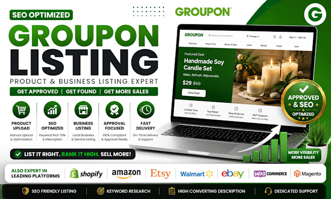 create SEO optimize groupon business product listing amazon ebay local listing