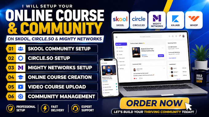 setup skool, circle so, mighty network and whop online course website community