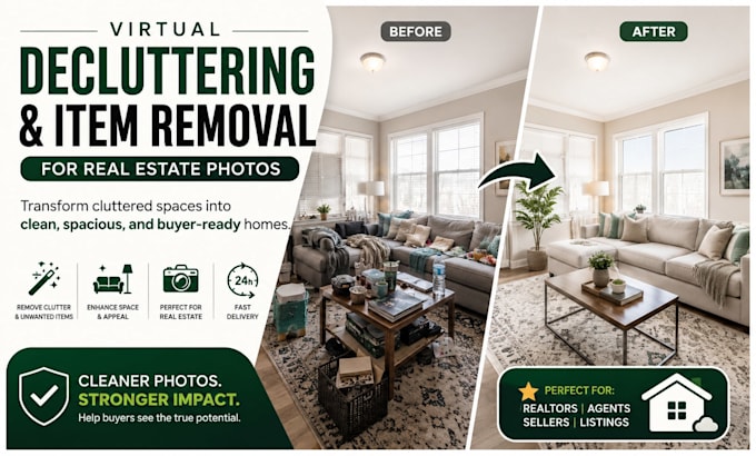 virtual decluttering and item removal for real estate photo in 24 hours