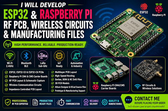 design esp32, raspberry pi rf pcb, wireless circuits and manufacturing files