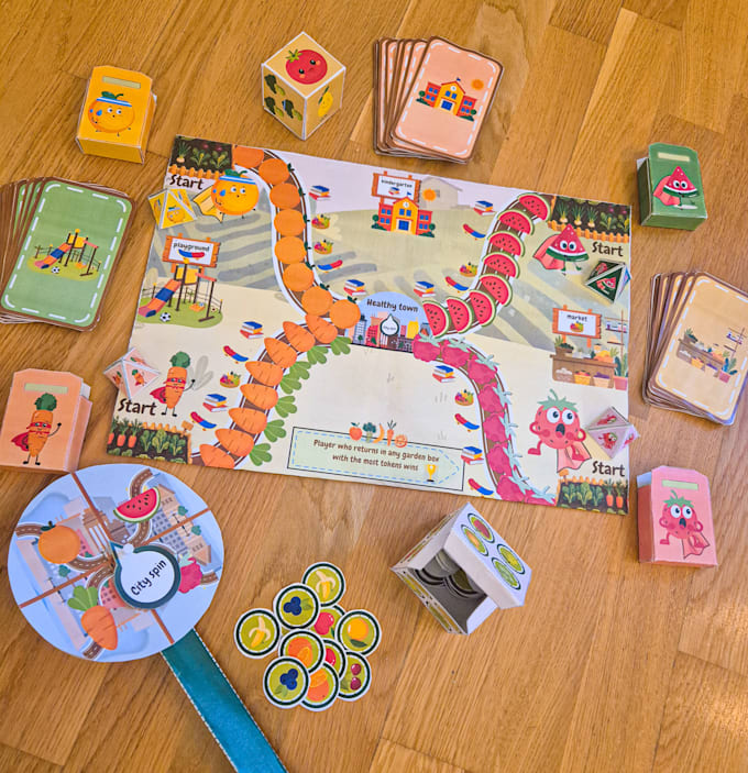 design a complete printable board game package for kids