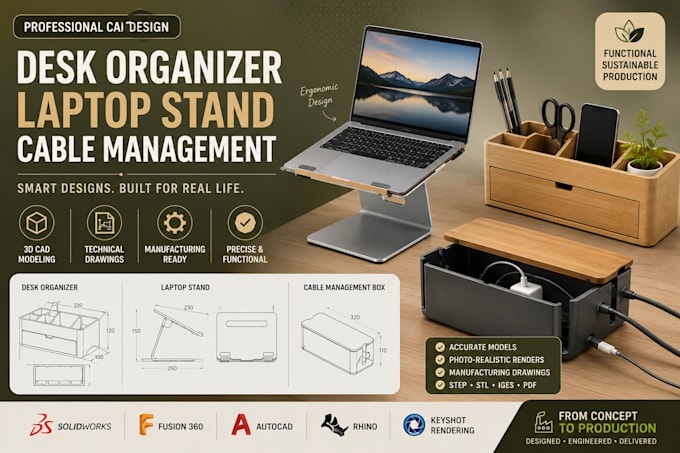 design desk organizer laptop stand cable management cad consumer design