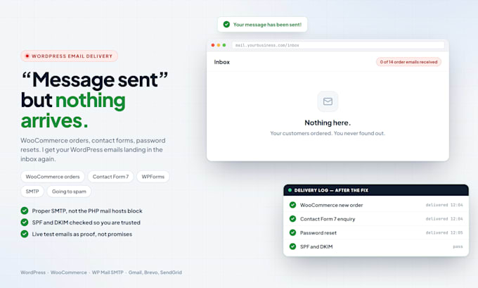 fix wordpress and woocommerce emails not sending, smtp and contact form 7
