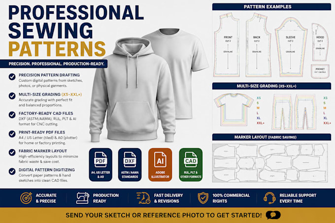 create digital clothing sewing patterns, and cad pattern grading in pdf and dxf