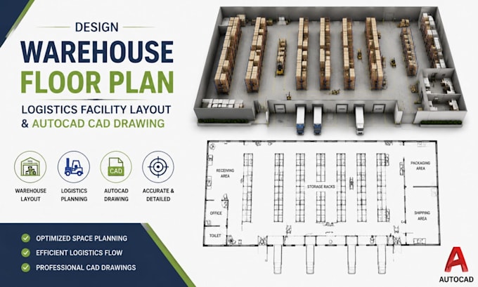 design warehouse floor plan, logistics facility layout and autocad cad drawing