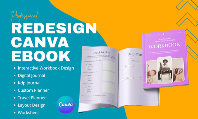 redesign canva ebook, interactive workbook design, kdp journal, custom planner