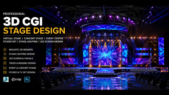 do 3d cgi stage lighting virtual stage design event center concert studio design