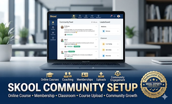 create online course, skool community setup, classroom, membership site
