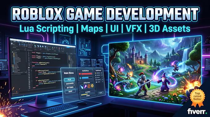 develop custom roblox game, rpg, scripting, maps, UI, gui, vfx, and 3d assets