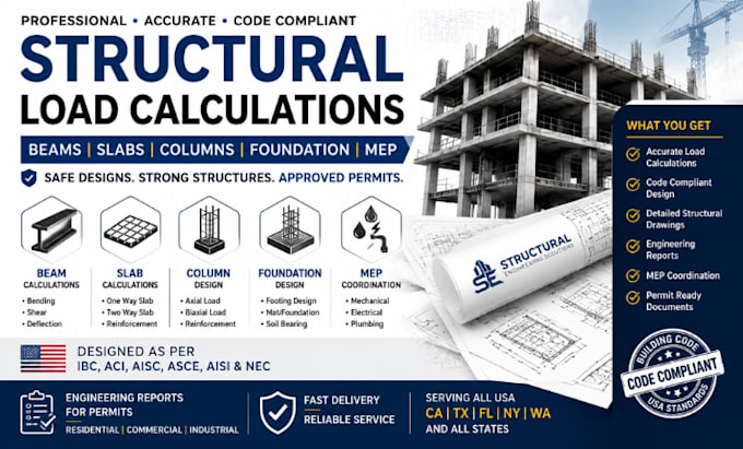 do structural load calculations for beams, slabs, columns, and foundation, mep