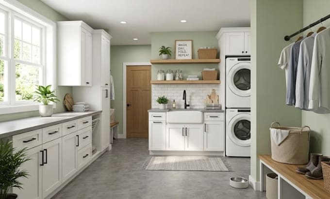 do realistic 3d laundry room, bathroom, and utility room interior design