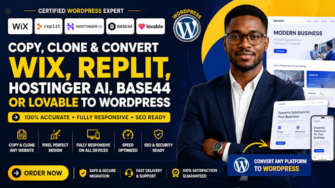 copy clone convert wix, replit, hostinger ai, base44 or lovable to wordpress