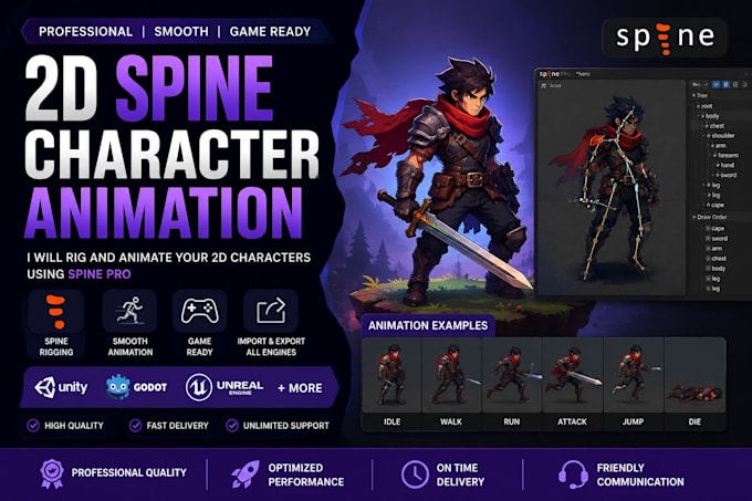 create spine 2d animation for game character dev and slot projects and item