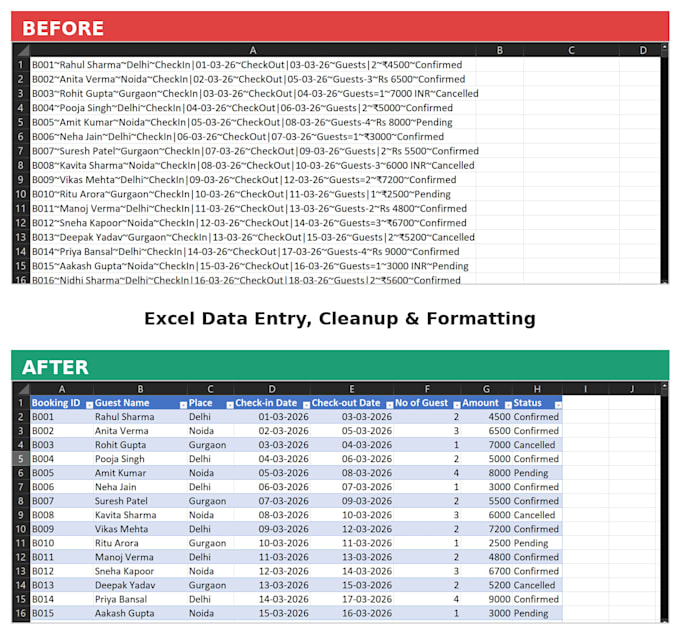 do excel data entry, cleanup, and formatting