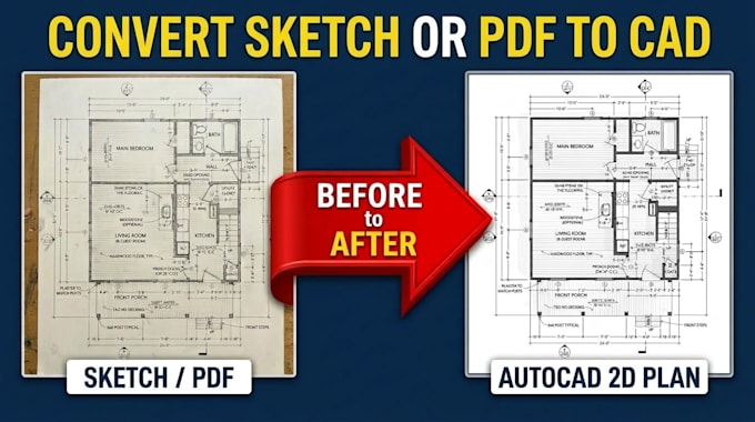 convert sketch or PDF to autocad architectural 2d floor plan