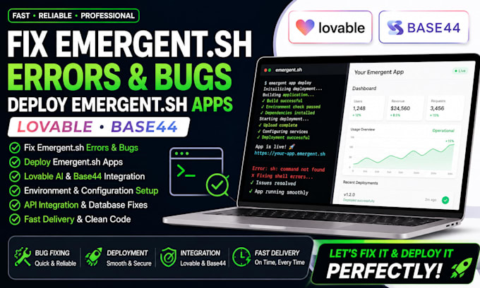 fix emergent sh errors and bugs, deploy emergent sh apps, lovable base44