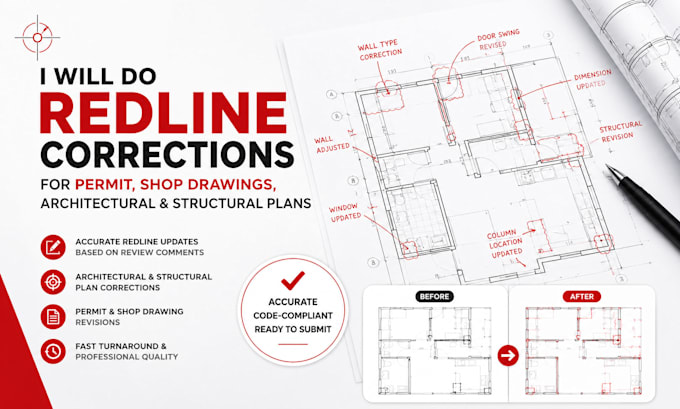 do redline corrections for permit shop drawings, architectural structural plans