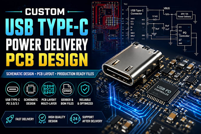 design custom usb type c power delivery pcb with schematic design