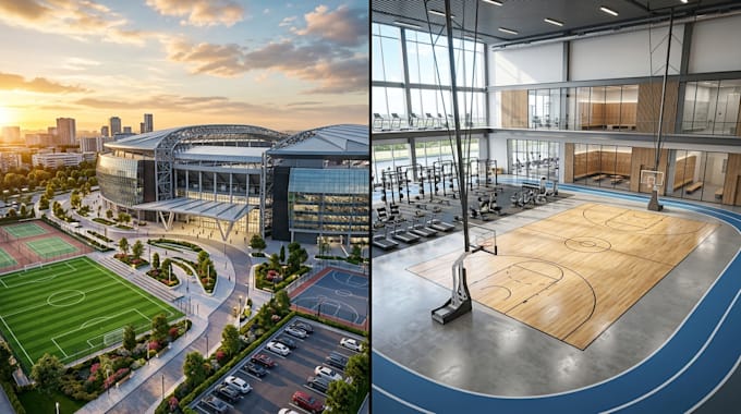design your sport complex and facility, stadium, gym with 3d rendering