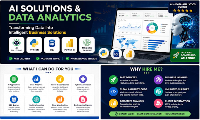 build ai solutions and analyze data using python, sql, power bi and research