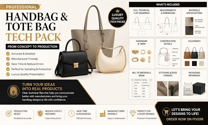 design handbag and tote bag tech pack for private label brands custom utility
