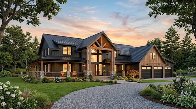 do 3d farmhouse, barndominium, tiny house, facade rendering