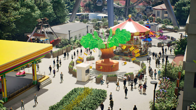design realistic 3d amusement park, entertainment centers with realistic render