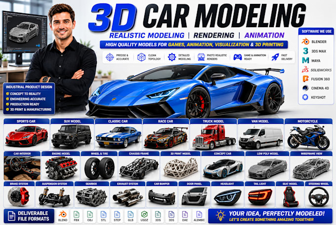 do realistic 3d car modeling vehicle design rendering automotive for 3d printing