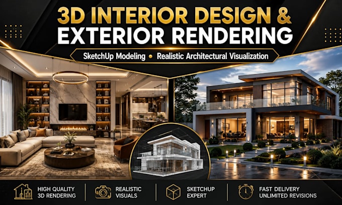 create realistic interior exterior design, sketchup revit 3d modeling and render