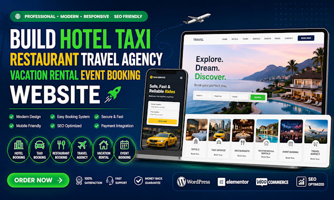 build hotel taxi resturant travel agency vacation rental event booking website