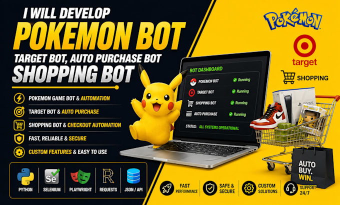 develop pokemon bot, pokemon game bot, target bot, auto purchase bot, shopping