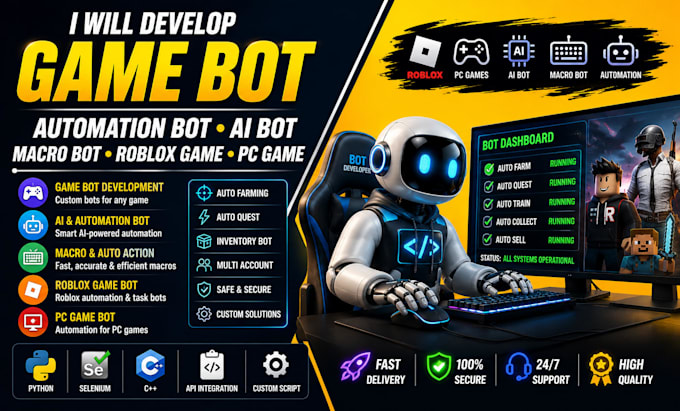 develop game bot, automation bot, ai bot, macro bot, roblox game, pc game