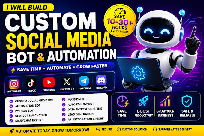 build custom social media bot, instagram bot, tiktok bot, youtube bot, x bot