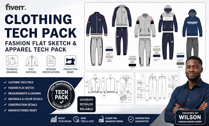 design clothing tech pack, fashion flat sketch and apparel tech pack