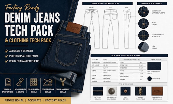 create factory ready denim jeans tech pack and clothing tech pack