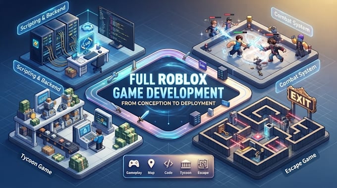 develop a full roblox game with scripting , combat, backend, tycoon, escape game