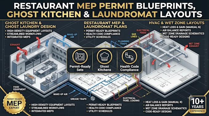 restaurant mep permit ready blueprint ghost kitchen laundromat cafe layout plan